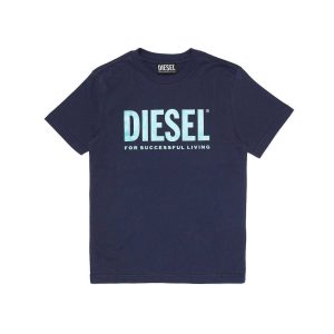 T-SHIRT DIESEL RAGAZZO BLU CON LOGO VERDE ACQUA