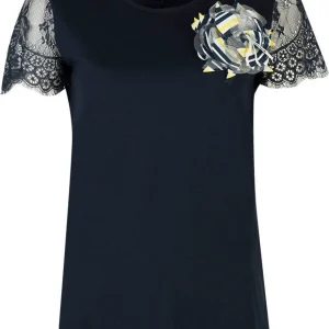 T-SHIRT LIU JO BLU CON MANICHE IN PIZZO E SPILLA