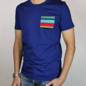 T SHIRT GALLO CON TASCHINO IN FILO A RIGHE COLORATE