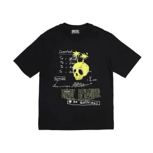 T-SHIRT DIESEL RAGAZZO NERA CON STAMPA TESCHIO GIALLO