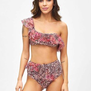 BIKINI MONOSPALLA A FASCIA FANTASIA MACULATA ROSA