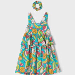 ABITO BIMBA MAYORAL TURCHESE CON STAMPA FRUTTA ED ELASTICO ABBINATO